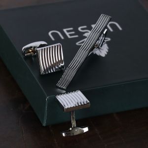 ست دکمه سردست و گیره کراوات نقره‌ای NESEN کد G1